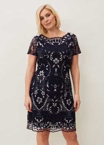 Phase Eight Lizzy Embroidered Dress Navy/White Australia | PE6128053